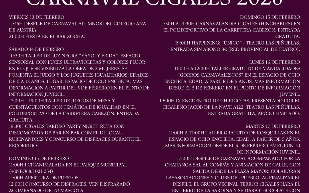 Programación Carnaval 2026 en Cigales